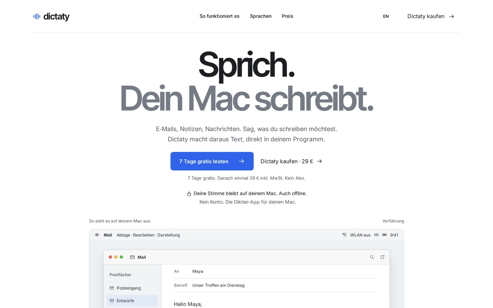 Startseite von Dictaty mit Diktierdemo für den Mac