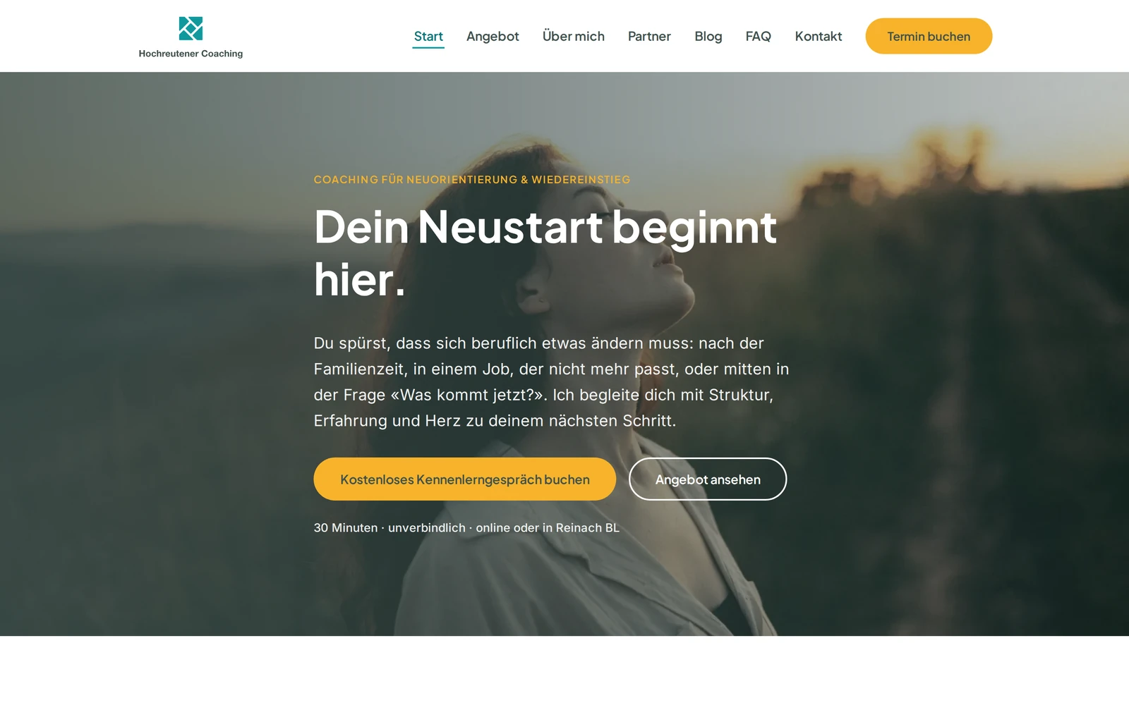 Startseite von Hochreutener Coaching mit Porträt und Angebot zum Neustart