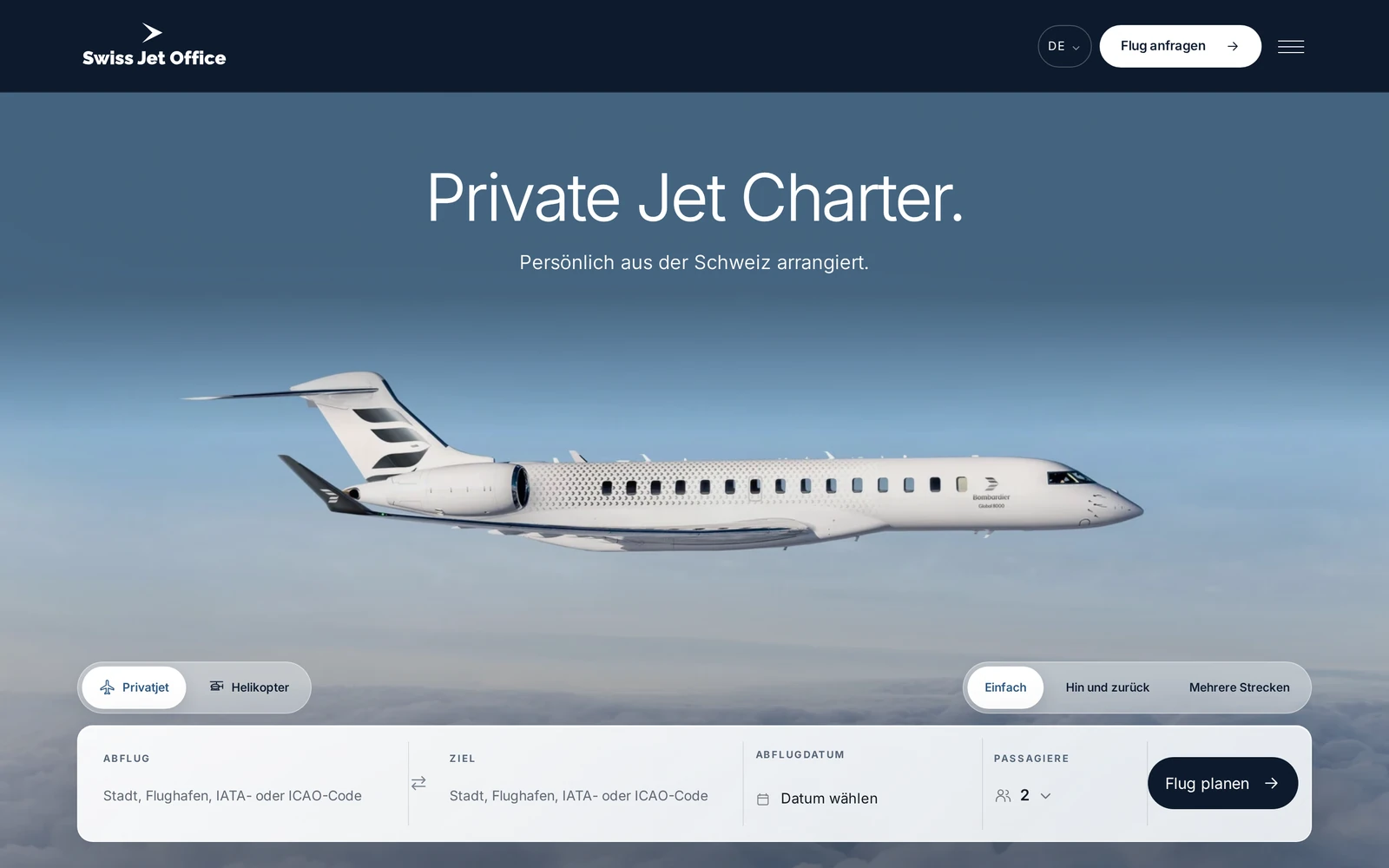 Startseite von Swiss Jet Office mit Privatjet über den Wolken und Flugplanung