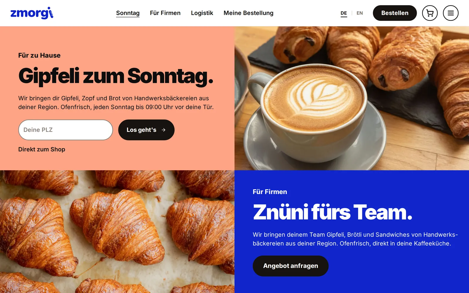 Startseite von zmorgi mit Gipfeli zum Sonntag und Znüni fürs Team